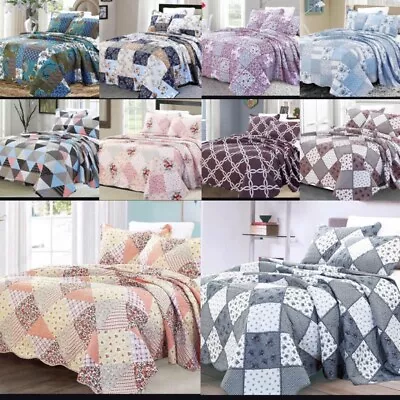 £28.99 • Buy Quilted Patchwork Bedspread 3 Piece Printed Comforter Throw Set Double King Size