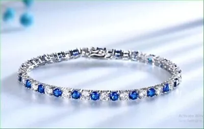 Women's 5Ct Round Cut Natural Sapphire & Diamond Tennis Bracelet 14k White Gold • $2466.74