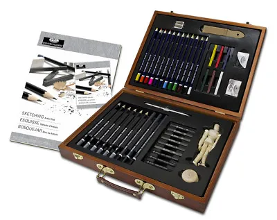 45 Piece Artist Deluxe Sketching & Drawing Pencil Charcoal Set Wooden Box DS2030 • £22.95