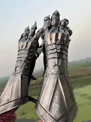Medieval Steel Carving Gauntlet Armour Gloves Knight Wearable Larp Men Costume • $97.99