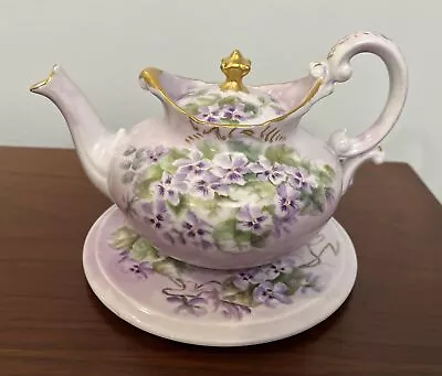 T & V Limoges France Hand Painted Teapot & Trivet Purple Violets Gold Trim VTG • $159