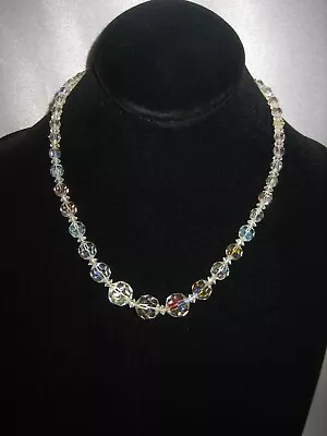 Vintage Clear Aurora Borealis Ab Crystal Round Glass Graduated Beaded Necklace • $26.98