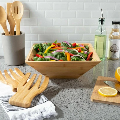 $20.99 • Buy Square Wooden Bamboo Salad Serving Bowl Forks Serving Utensils Elegant Dish