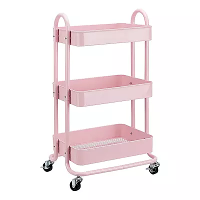 Ekkio 3 Tier Kitchen Trolley Cart Utility Storage Rack With Brake Wheels Pink • $56.95