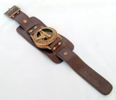 Sundial Wrist Watch Brass Compass & Leather Straps Nautical Steampunk Handmade • $18.26