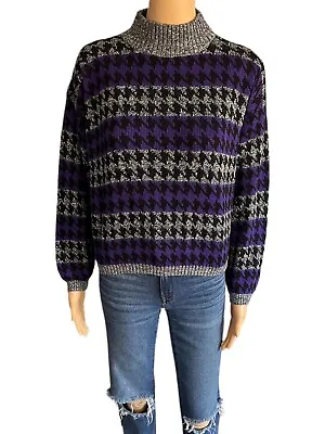 Justin Allen Mock Neck Sweater Womens Small Striped Houndstooth Vintage 80s Prep • $49.95