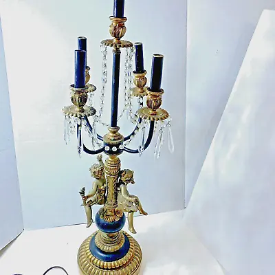 $179.95 • Buy Ornate L And L MWC Bronze Brass Cherub Candelabra Table Lamp Prism 32  Tall Vtg