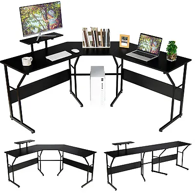 L-shaped Reversible Computer Desk Long Table For 2 Person Monitor Stand Black • $99