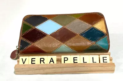 Vera Pelle Patchwork Multicolor Leather Wallet Zipper Organizer Pet & Smoke Free • $24.73