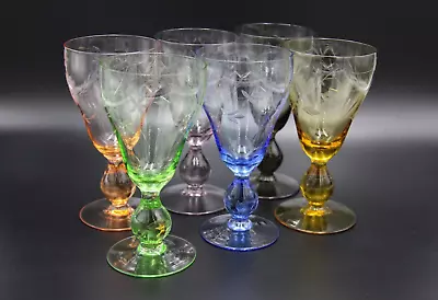Vintage Coloured Harlequin Wine Glasses With Knop Stem And Etching Design X 6 • $58