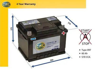 Hella Premium Car Battery HP097 Type 097 60AH 570 CCA 4 Year Warranty • £85.45