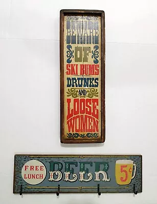 Lot Of 2 Vintage Bar Tavern Pab Decoration Wall Wood Sign & Wall Rack With Hooks • $29.99