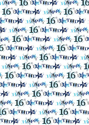 2 Sheets 16th Birthday Boy Wrapping Paper Age 16 Star Shape Giftwrap (PA-W37) • £2.49