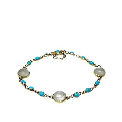 Antique 15K Gold Turquoise & Moonstone 7” Bracelet • $468