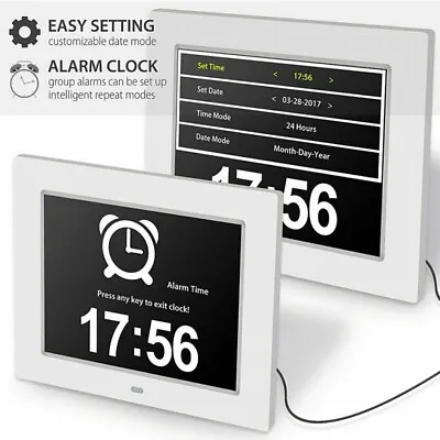 Extra Large Dementia Clock 8  Digital Calendar Day Clocks LED Alarm Clock Wall • £25.08