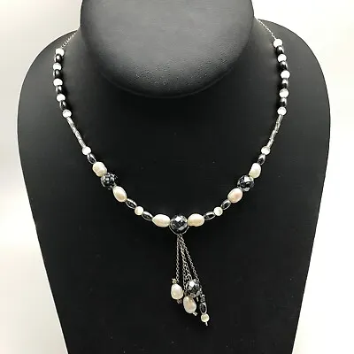 925 Sterling Silver Vintage Genuine Real Pearl White Cat's Eye Hematite Necklace • $59.99