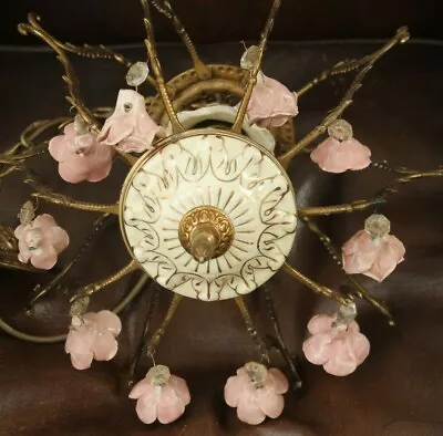 Vintage Italian Chandelier Brass Capodimonte Ceiling Light Porcelain Pink Roses • $497.33