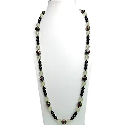 Vintage Onyx Cloisonné Fluorite Hand Knotted Beaded Necklace 28  Long 5 Mm Beads • $45
