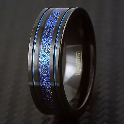 CLOSEOUT! 8mm Black Tungsten Mens Blue Celtic Dragon Wedding Band Ring Sz 12 • $15.99