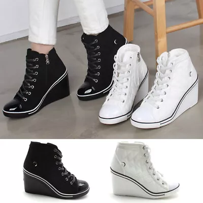 $63.99 • Buy New Women's Casual Canvas High Top Wedge High Heel Quilted Lace Up Sneaker Shoes