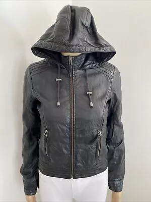 Just Jeans Black Butter Soft Leather Jacket Hood Pockets Zip 6 • $84