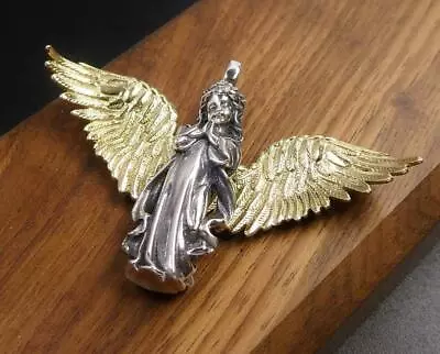 Beautiful 925 Sterling Silver Praying Angel Pendant With Brass Large Open Wing • $35.50