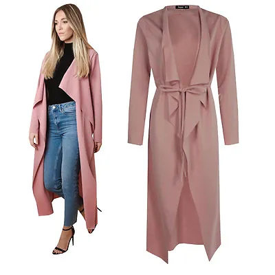 £12.90 • Buy Dusty Pink Womens Maxi Midi Long Sleeved Belted Waterfall Duster Coat Jacket 