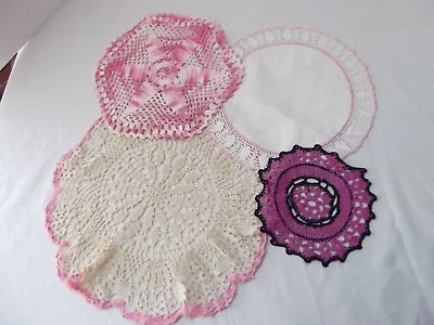 Vtg Lot 4 Large Crochet Doily Pink Round 6in 11in 10in 14in Cotton • $24.99
