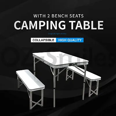 $89.95 • Buy Outdoor ALUMINIUM FOLDING CAMPING TABLE AND CHAIRS PICNIC SET WITH 2 BENCH SEATS