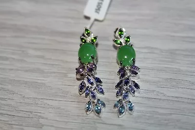 NYC II 2  Burmese Jade & Multi Gemstone Peacock Feather Drop Earrings • $120