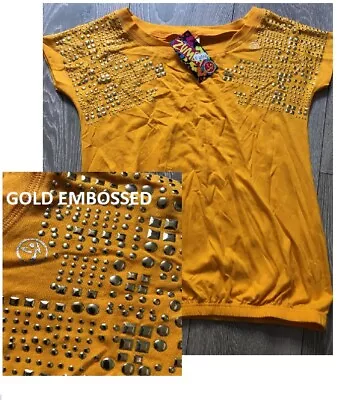 Zumba Comfy Fit Gold Embossed Stud Gym Dance Workout Top Size Small XS 8 10 12 • £7.49