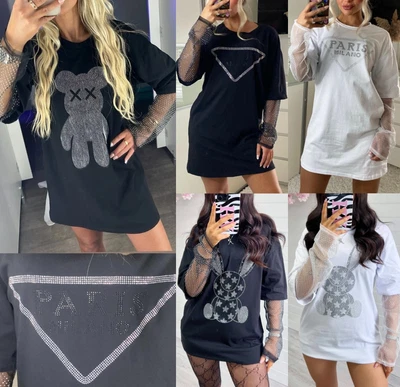 £21.95 • Buy Women Diamante Embellished Silver Mesh Sleeve T-Shirt Ladies Tunic Shirt Tee Top