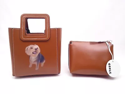 $199.99 • Buy STAUD Custom Mini Shirley Leather Bag Tan With Yorkie Pet Portrait Cute!