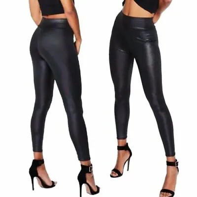 £2.22 • Buy Ladies Black Faux Leather Leggings Wet Look Shiny Stretchy High Waist UK 8-26