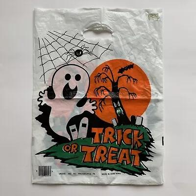 Vintage Halloween Trick Or Treat Plastic Bag Ghost Spider Unique Inc. Hong Kong • $6