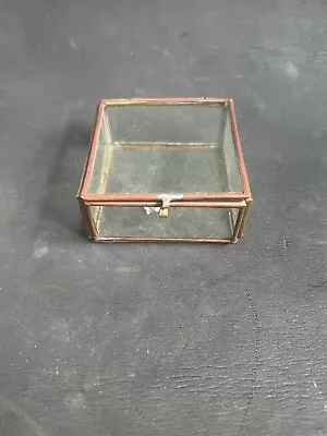 Square Glass Box Brass Curio Clear Vintage Lidded Hinged Vintage Estate Trinket • $4.99