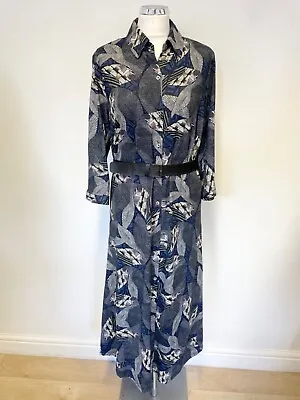 K Design Blue & Grey Print Jersey Belted 3/4 Sleeve Button Front Dress Size Xl • £45