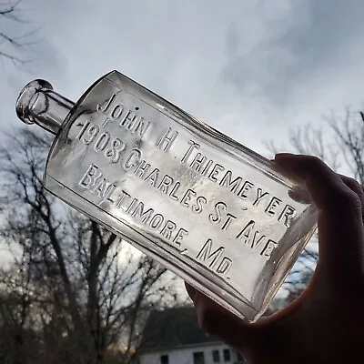 Rare John H Thiemeyer Clear Pint Whiskey Flask From Baltimore MD • $25