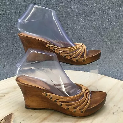 Vintage Nomi Sandals Womens 7.5 90s Wooden Wedge Platform Thong Brown Slip On • $26.99