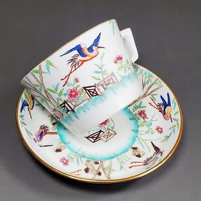 Antique Minton Chinoiserie Floral And Bird Pattern Square Handle Cup & Saucer • $267.74