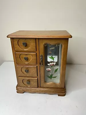 Wooden Jewelry Box Cabinet Stain Glass Floral Door 4 Drawers 10 1/2  X 9  X 5  • $20.46