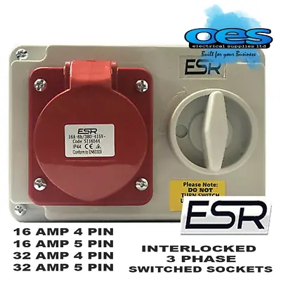 Interlocked Switched Socket 415volt 16a 32a 4pin 5pin  Red Ip44 Surface 3 Phase • £32.69