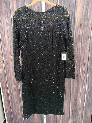 Marina Woman's Long Sleeve Short Stretch Illusion Lace Dress Black 10 AA12 • $24.99