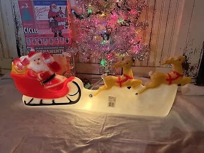 Vintage Christmas Blow Mold Lighted Santa Sled Set New Old Stock Union 31” Long • $96