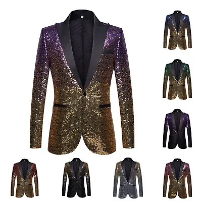 Men's Slim Fit Shiny Sequins One Button Suit Jacket Blazer Tuxedo Dinner Party • $72.38