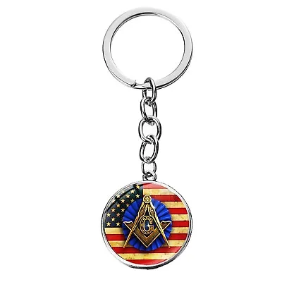 Blue Lodge Square & Compasses  U.S. Flag GOLD Masonic Freemason Keyring Keychain • $6.99