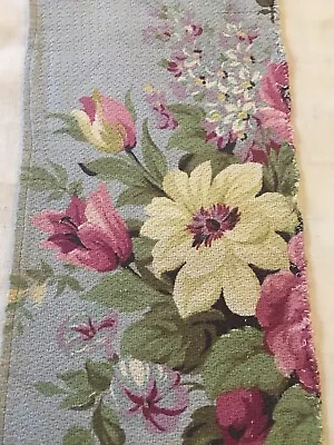 Antique Vtg Floral Morning Glory Barkcloth Fabric ~Blue Yellow Pink ~ 10” X 56” • $39