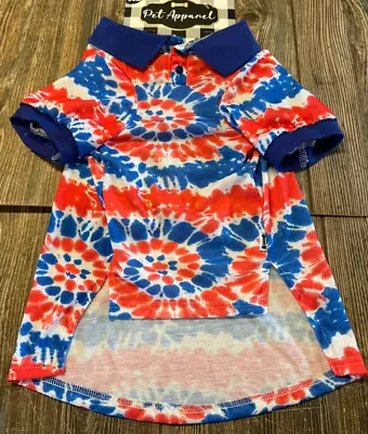 New W/Tags Woof Pet Apparel Cute Blue & Red Tie Dye Polo Shirt For Dogs Sz Large • $14