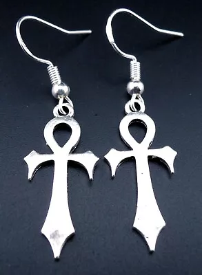 Ankh Earrings Goths Sterling Silver Ear Wires Gothic Egyptian Cross Goth Dagger • $7