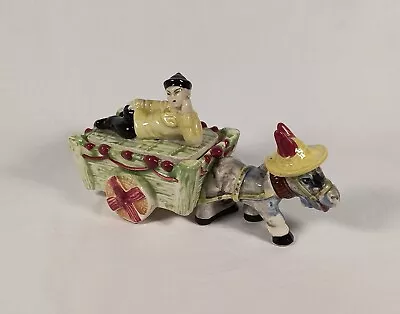 Vintage Fleetwood Japan Ceramic Donkey Cart And Man Riding Figurine With Lid • $15.99